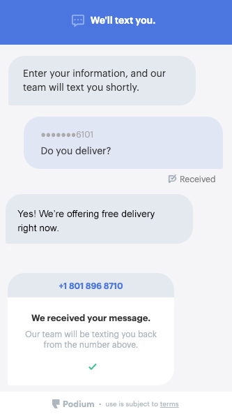 A text conversation with an automated answer for the frequently asked question, "Do you deliver?".