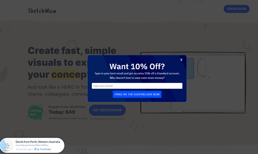 An example of a website popup to increase conversions with new customers
