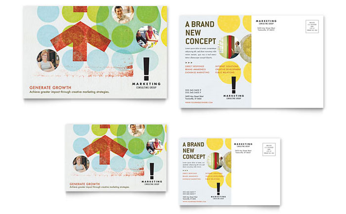 Colorful front and back postcard design idea for a marketing consultant or agency