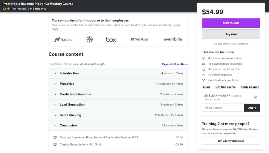 An overview of the Predictable Revenue Pipedrive Mastery Course content.