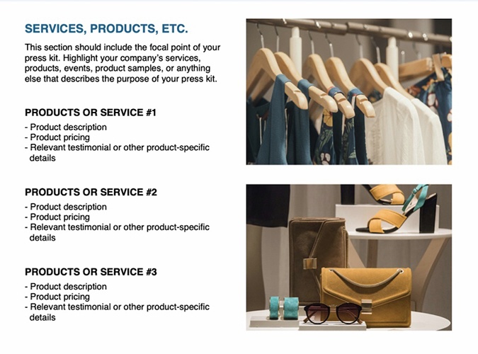 Services and products section of the press kit alongside images of various retail products.