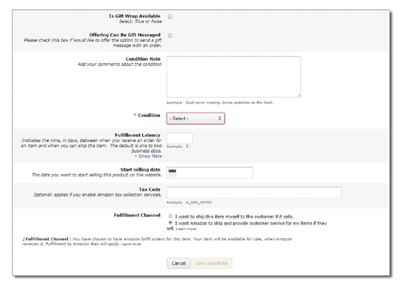 Product detail fields when adding products on Amazon with the option to save and finish or cancel