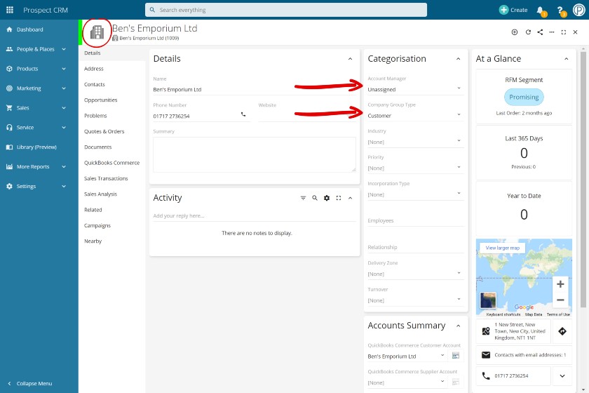 Categorizing an account record in Prospect CRM.