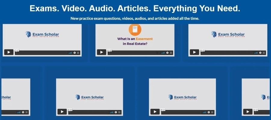Snapshot of Real Estate Exam Scholar's video resources.
