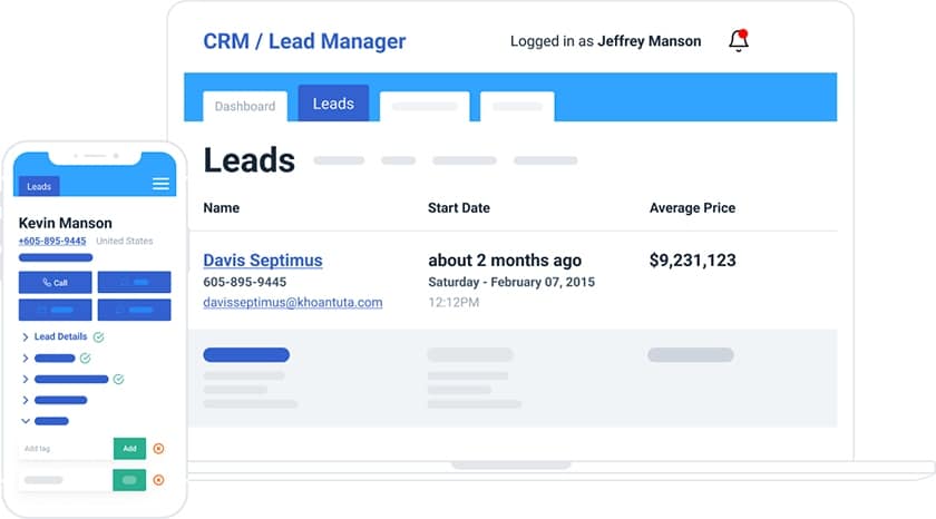 Real Geeks CRM lead manager screenshot with lead name