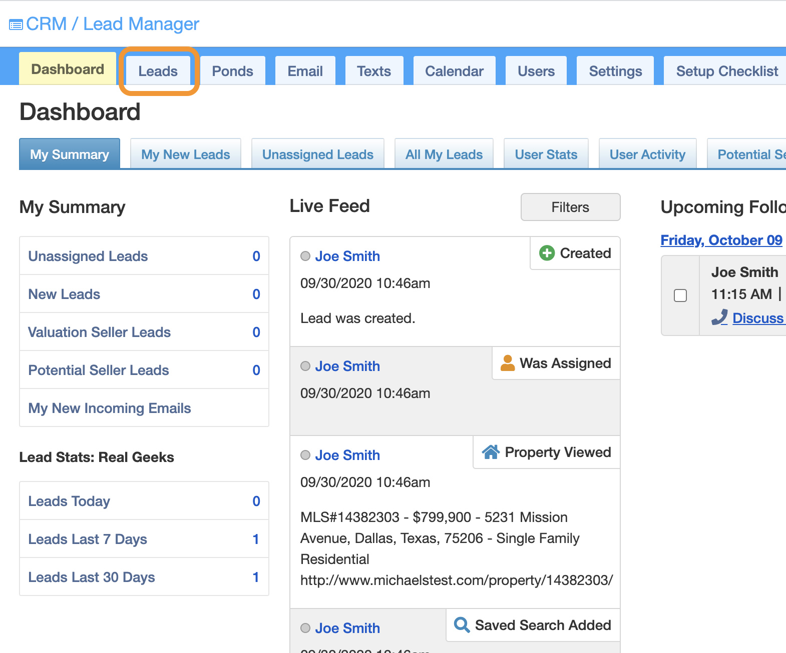 Real Geek's CRM showing the Lead Manager dashboard.