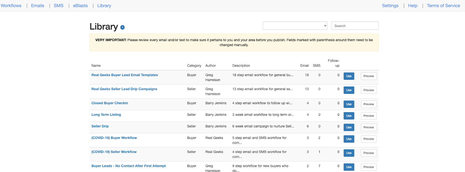 Campaign library showing email and SMS workflows for multiple campaigns.