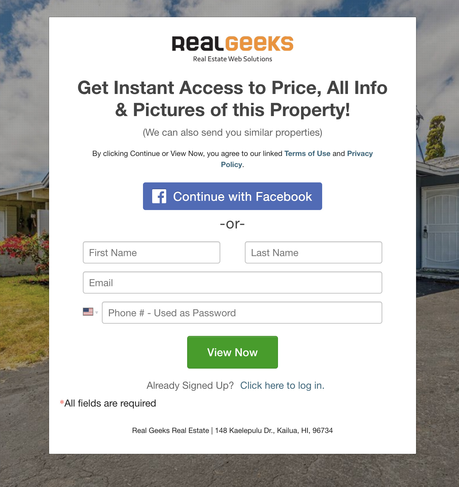 Example of Real Geeks property landing page with lead capture form.