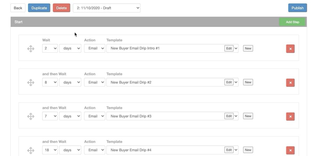 Setting up an email workflow drip system on Real Geeks CRM.