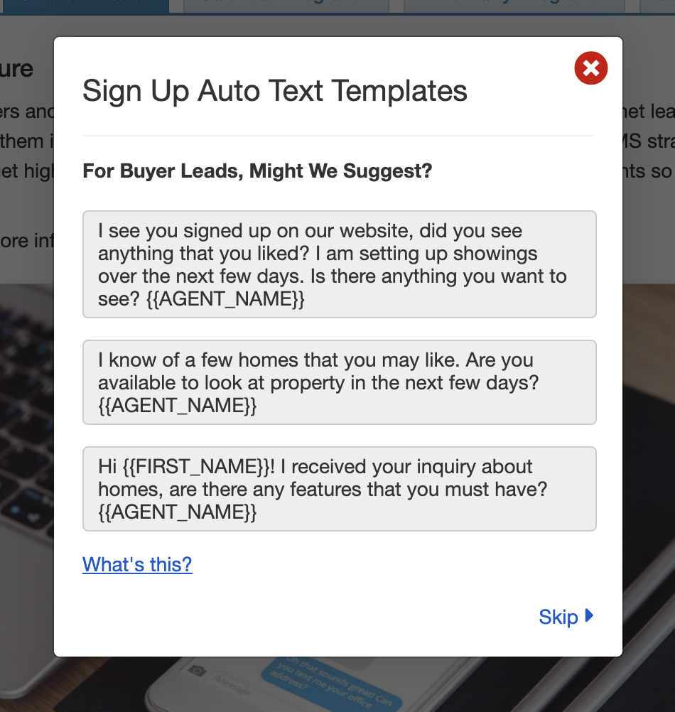 Sample of SMS auto-responder message for buyer leads.