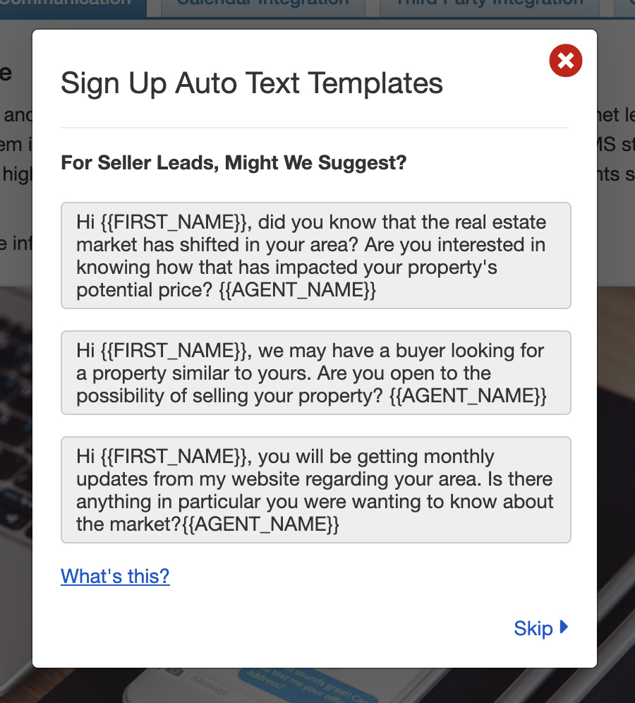 Sample of SMS auto-responder message for seller leads.