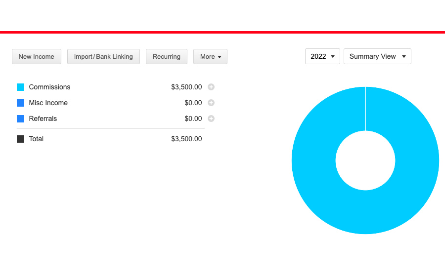 Income screen showing reports on profit, such as commissions and referrals.