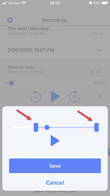 An iPhone screen that shows two red arrows pointing to the slider tools used when trimming audio recordings on Rev Call Recorder.