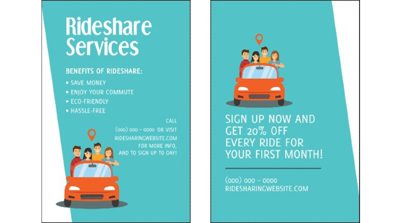 Template example of a marketing postcard for local ridesharing services
