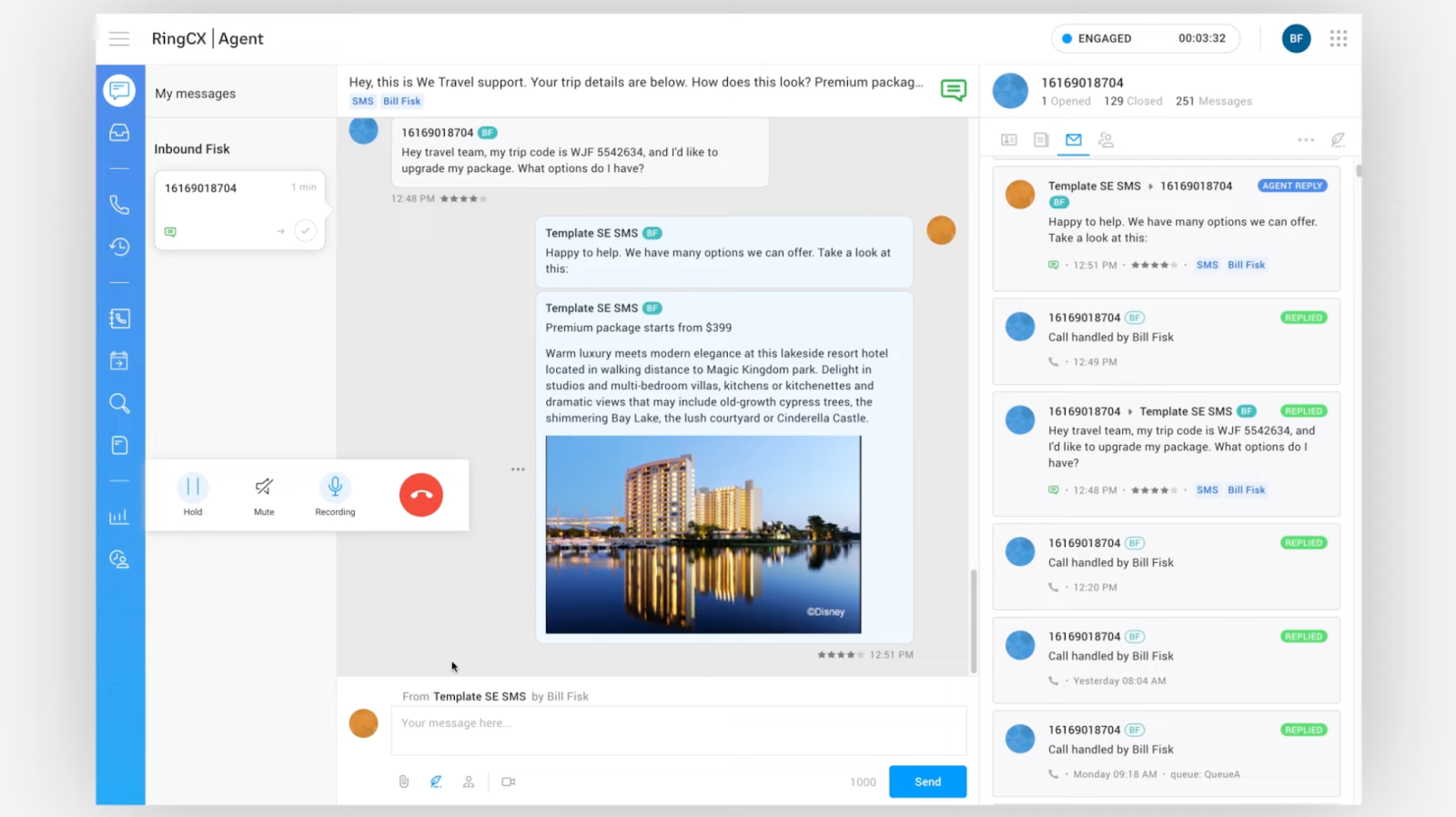 RingCX agent's screen with call controls, previous messages, and conversation history