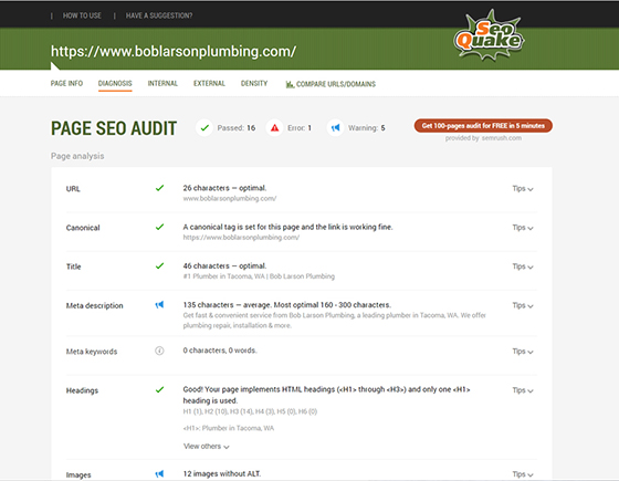 Example of a page SEO audit with SEO Quake