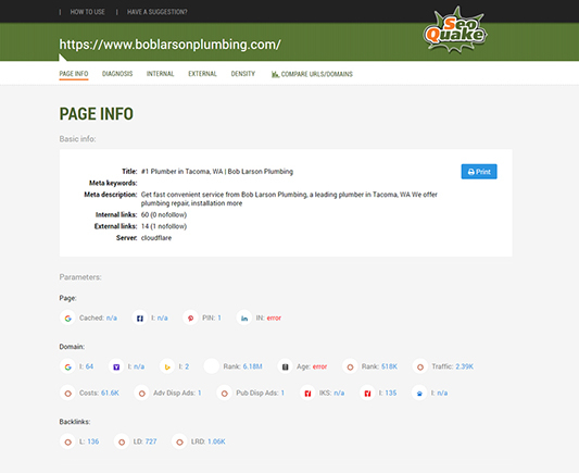 Example of page-level SEO information with SEO Quake