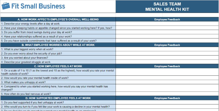 Screenshot of Fit Small Business' Sales Team Mental Health Kit titled. "Sales Team Mental Health Kit."