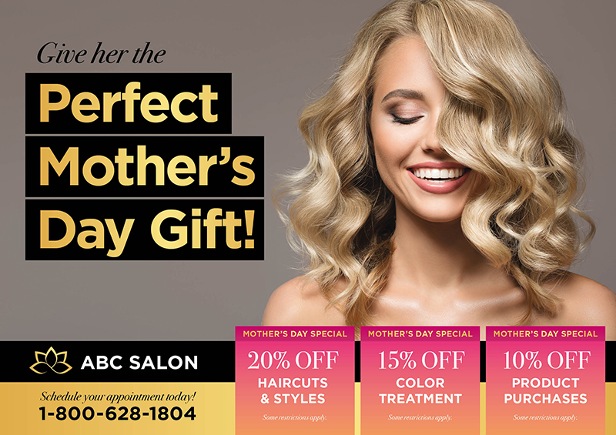Example of a salon marketing postcard with Mothers Day offers