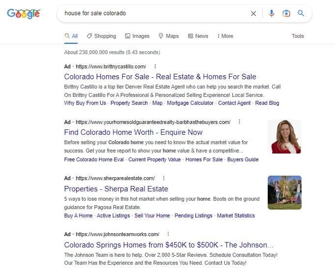 Search results page showing real estate ads when searching "house for sale colorado" on Google.