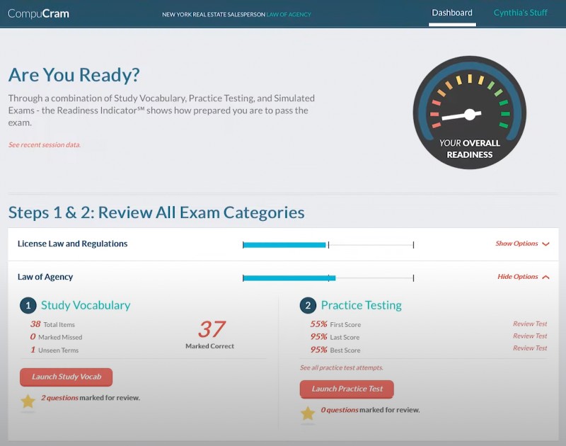 Sample of CompuCram dashboard and readiness meter.