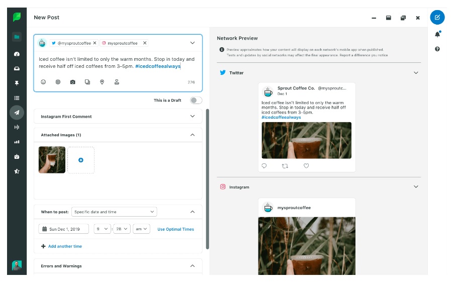 Creating a new post in Sprout Social platform with previews on multiple social platforms and suggestions.