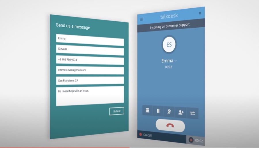 Image display of Talkdesk's interface showing caller information and one-click calling.