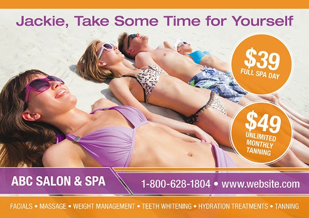 Example of a marketing postcard for a tanning salon