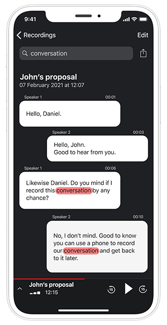 An iPhone screen showing a transcription of a TapeACall recording titled John's proposal.