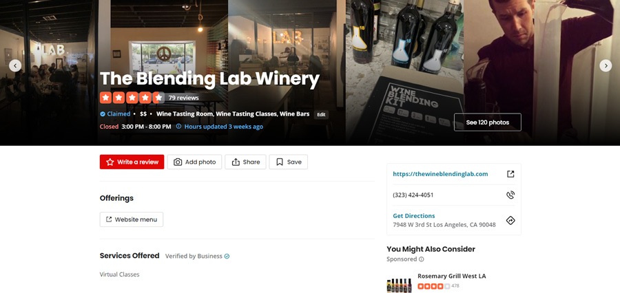 Example of a wine bar profile on Yelp.