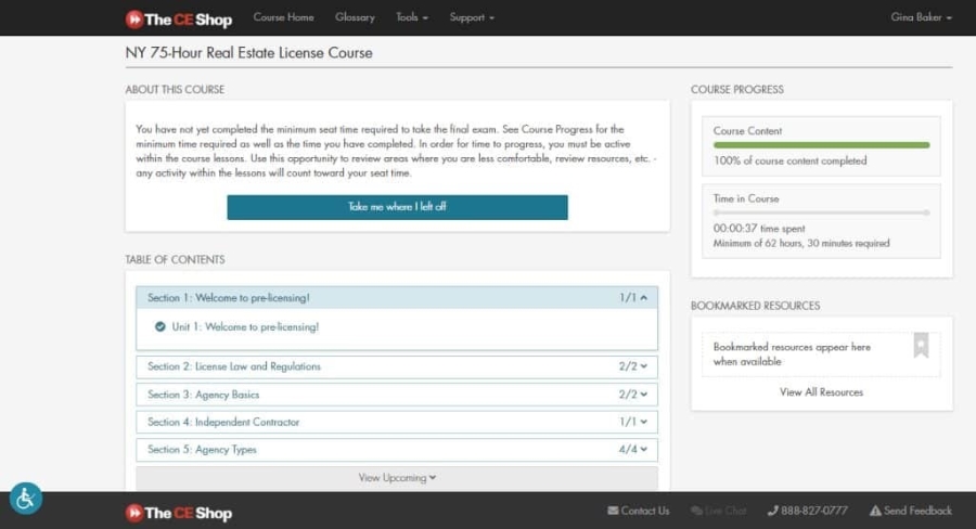 The CE Shop online platform that shows prelicensing course content divided into sections.