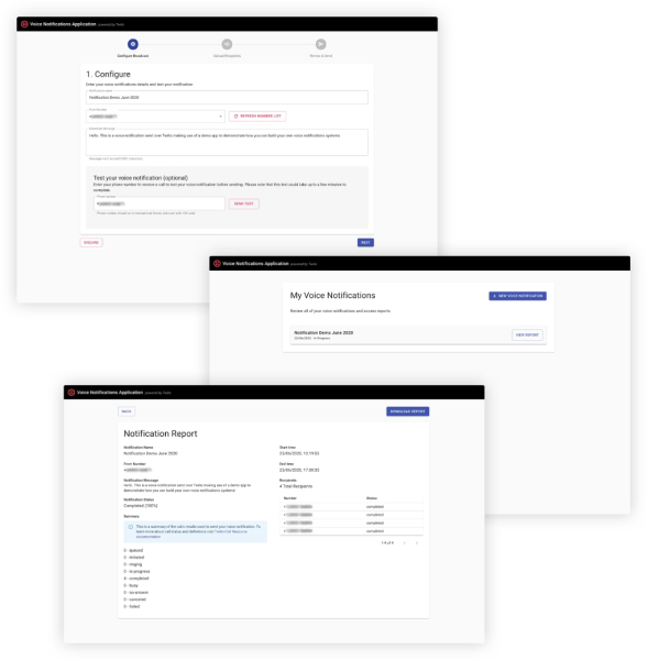 Twilio's Voice Notifications Application interface showing three windows: the first one displaying the settings for sending out voice notifications, the second showing the list of voice notifications, and the third presenting a "Notification Report"