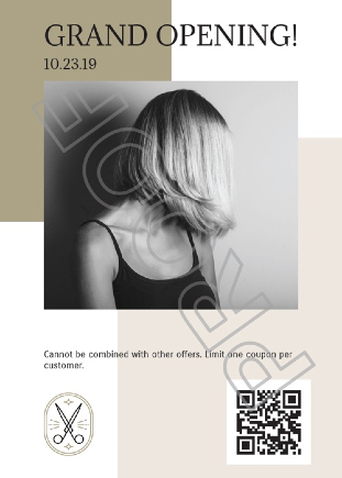 Example of a salon grand opening postcard design with a QR code