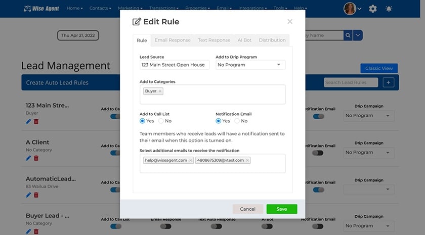 Wise Agent lead management rule