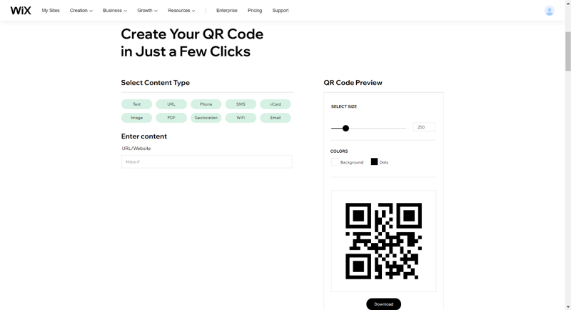 Screenshot of Wix's free QR code generator