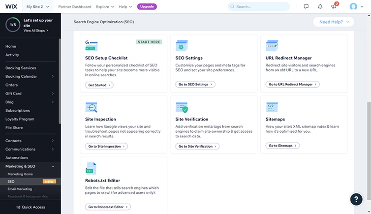 Screenshot of Wix's SEO tools
