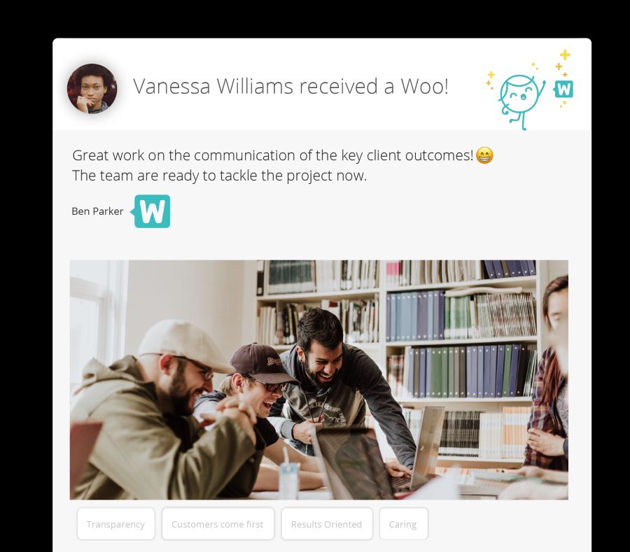 Screenshot showing an example of a Woo or appreciation received by an employee on Wooboard