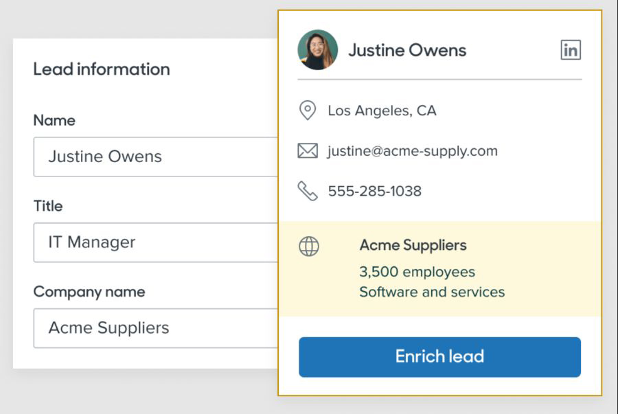 A screenshot of Zendesk Sell's lead enrichment tool.