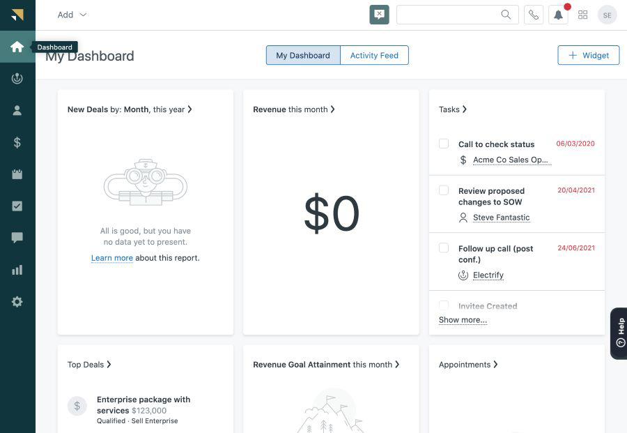 Screenshot of Zendesk Sell's Performance Dashboard with various widgets for deals, revenue, tasks, and appointments.