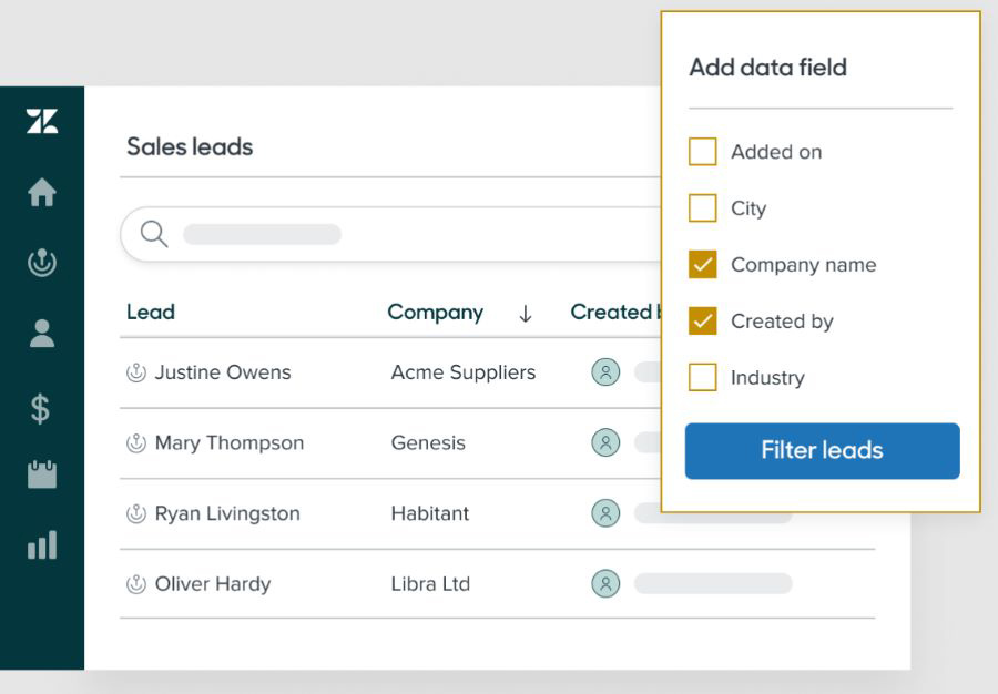A screenshot of Zendesk Sell's sales prospecting tool with lead filtering function.
