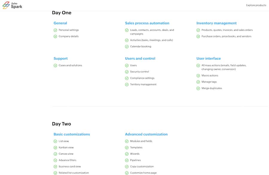 A preview of Zoho CRM Certified Administrator's course modules for Days One and Two.