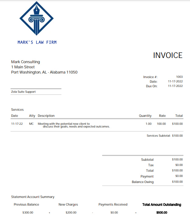 A sample invoice in Zola Suite with important details like a description of the services rendered.