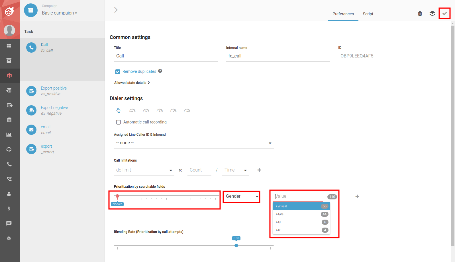 How to configure contact prioritization on Dialfire's basic campaign dialing settings.