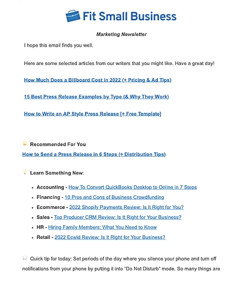 Newsletter email smple from Fit Small Business