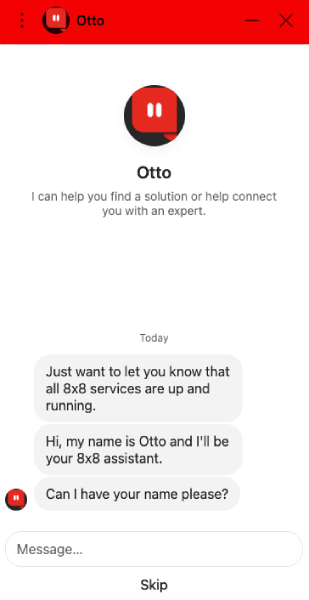 8x8 Help Center chat conversation with the artificial intelligence assistant called Otto.