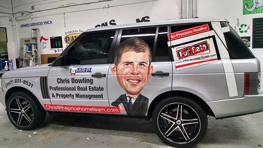 A real estate agent car wrap using a caricature of the agent.