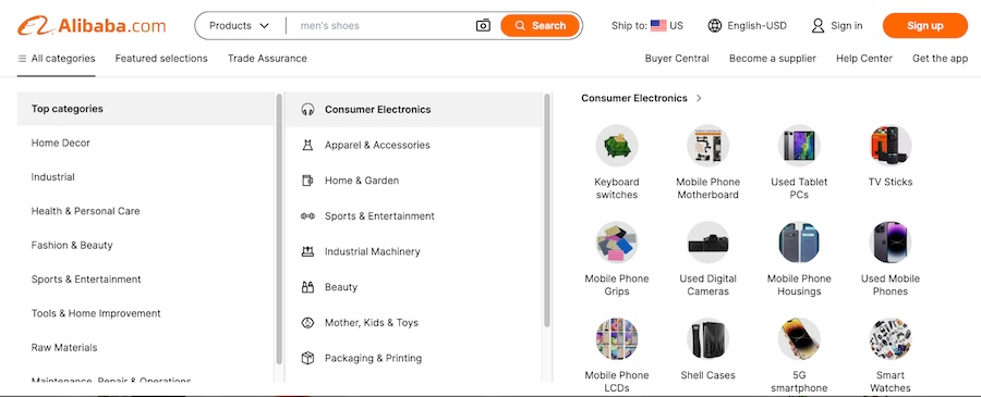 Alibaba Homepage showing top product categories.