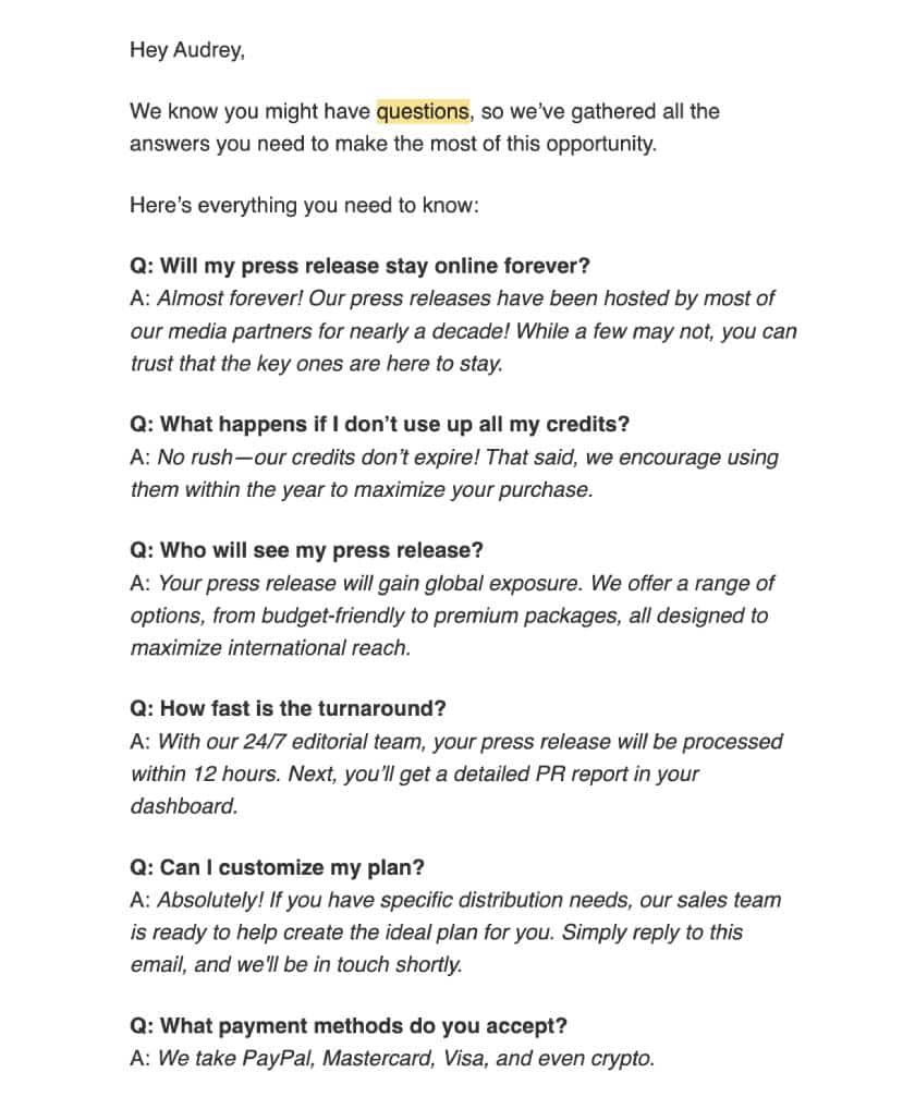 An email from MarketersMEDIA answering frequently asked questions.