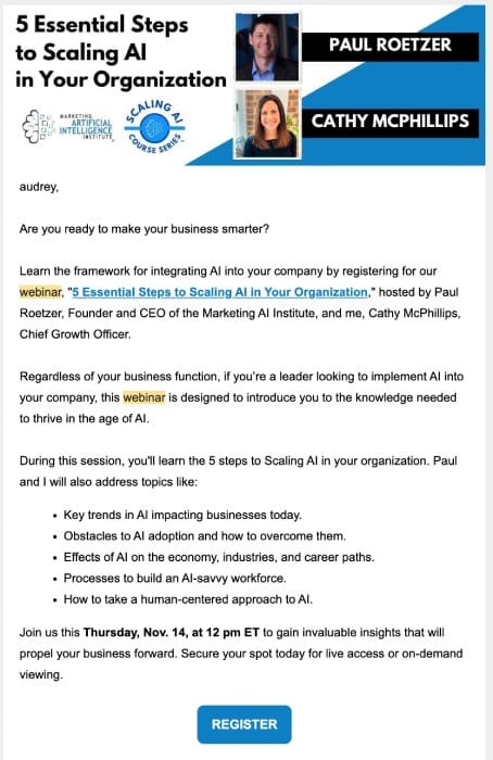 An email from Marketing AI Institute with an invitation to a webinar.