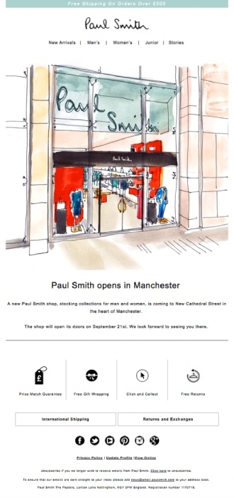 An email from retail brand Paul Smith announcing a new store location opening.